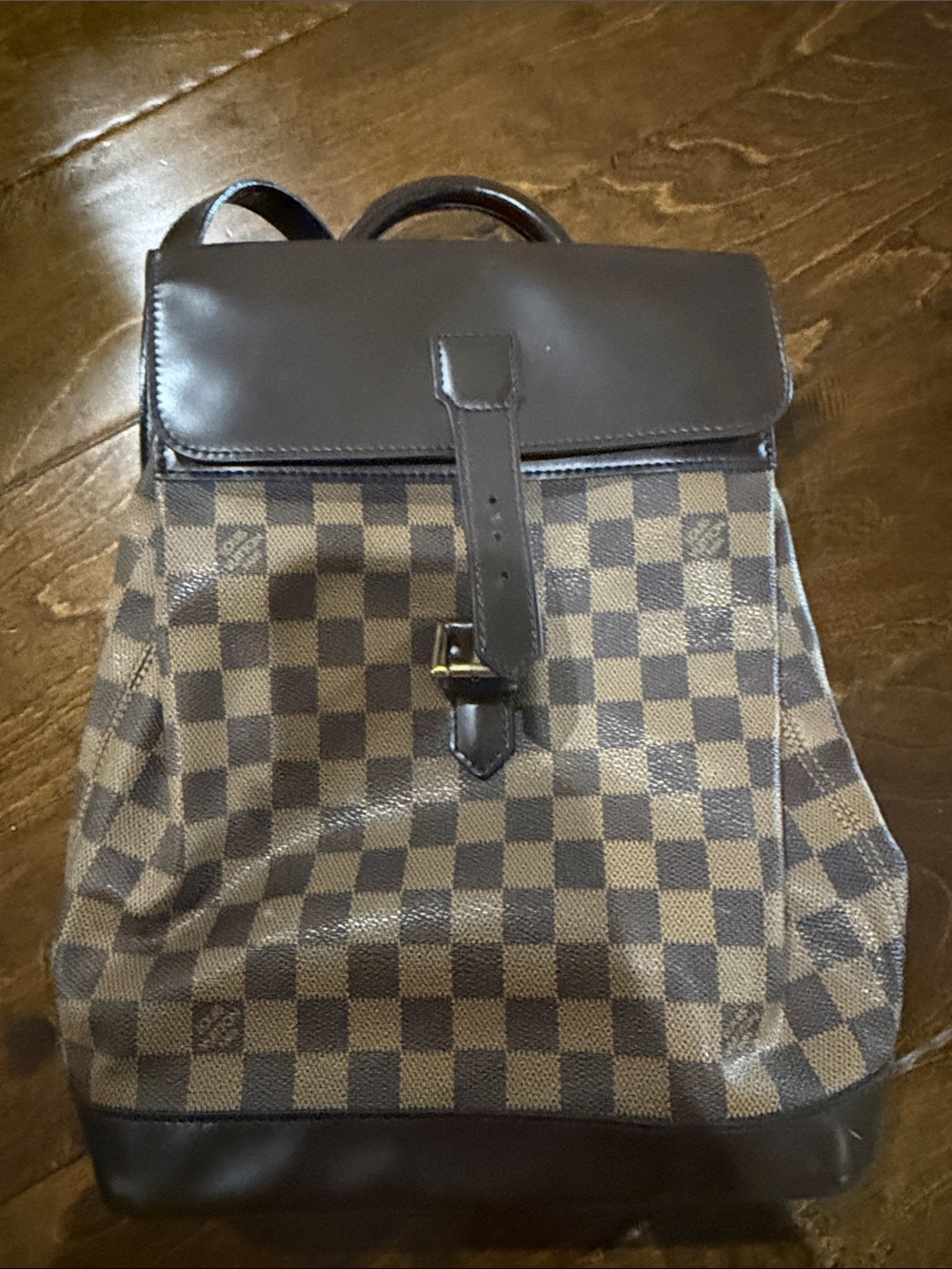 Louis Vuitton Brown Checkered Canvas Backpack with Dark Brown Leather Trim